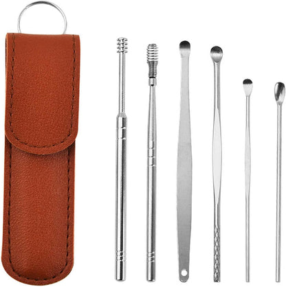 Kit de 6 piezas para eliminar la cera de los oídos con bolsa de cuero artificial
