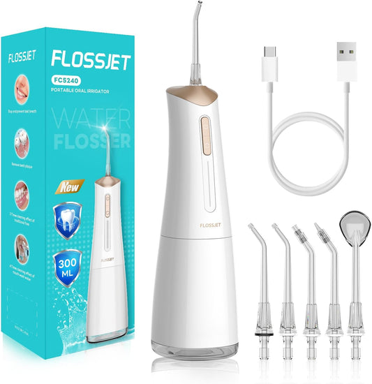 Irrigador bucal inalámbrico con hilo dental de agua de 300 ml, 5 puntas, 4 modos y cargador USB.